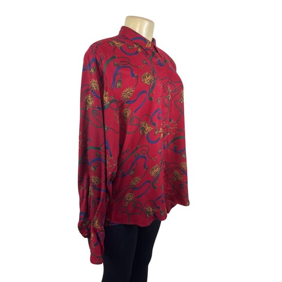 Graham & Gunn Red Button-Up Shirt With Gold & Blue Abstract Print Sz 14 - Picture 2 of 8